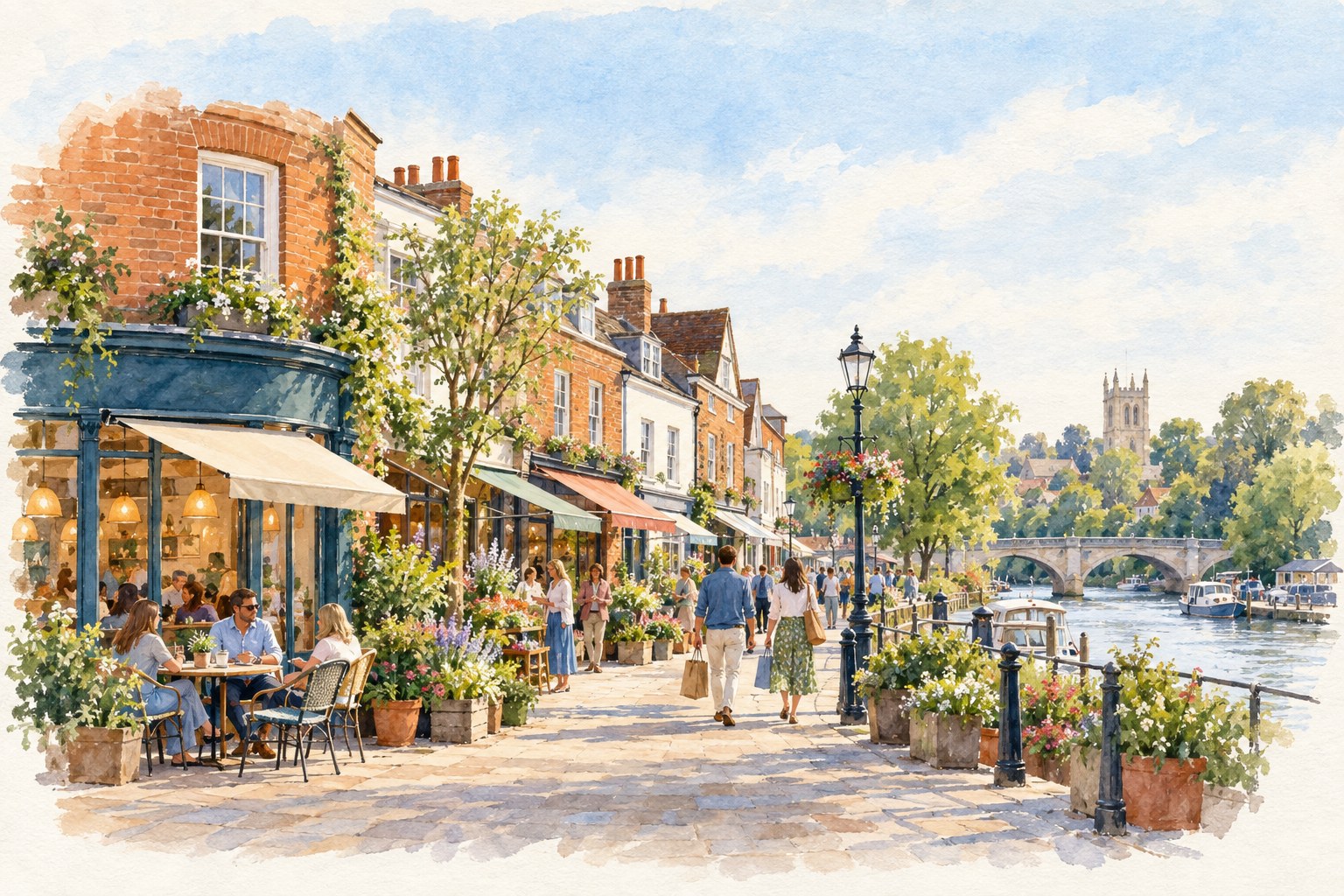 Representative watercolour illustration of Kingston upon Thames neighbourhood shops and street life