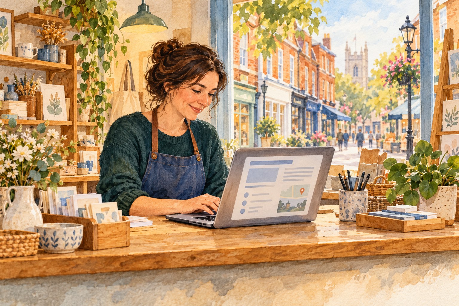 Representative watercolour illustration of a Kingston upon Thames shop owner preparing a business listing