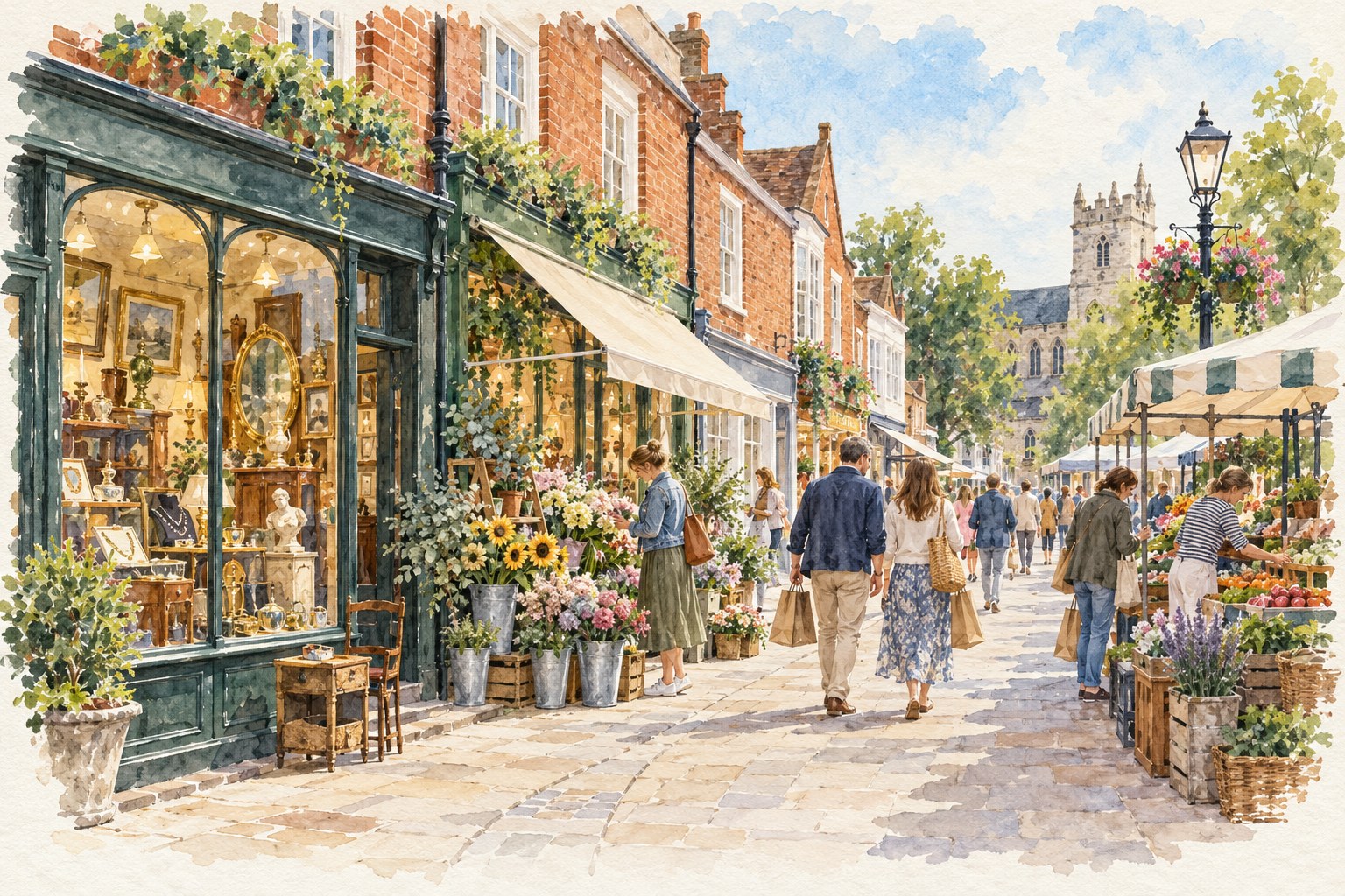 Representative watercolour illustration of shoppers and independent shop windows in Kingston upon Thames